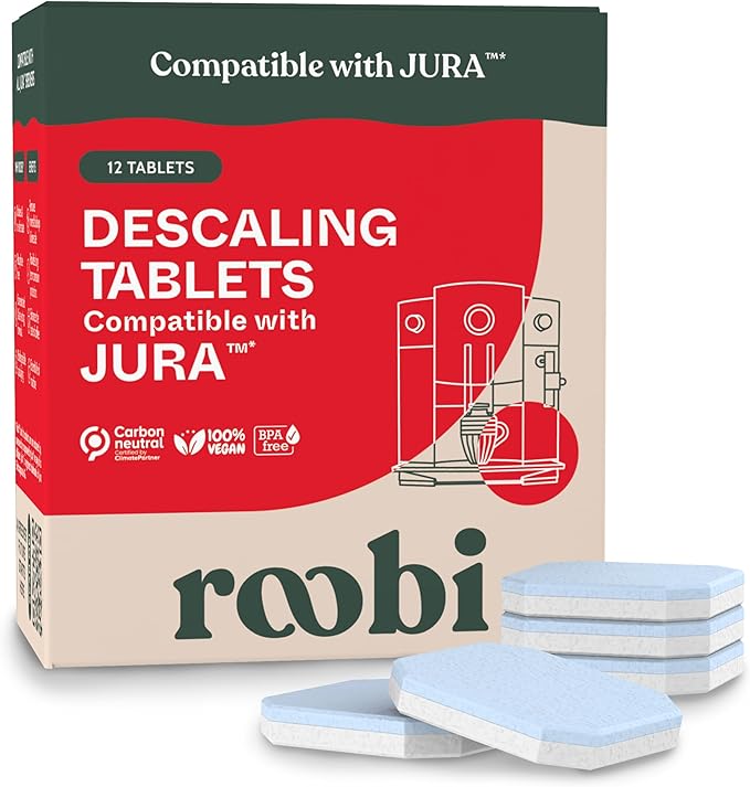 Roobi Jura Compatible Descaling Tablets. 12 Jura Descaling Tablets for Automatic Espresso Coffee Machines. 100% Vegan Carbon Neutral.