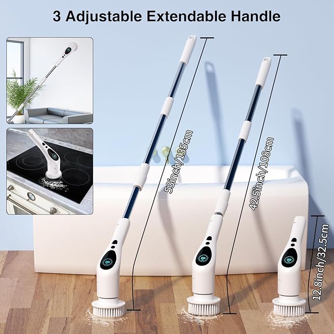 Electric Spin Scrubber Electric Spin Cordless Tub and Tile Scrubber with Voice Broadcasting 3 Speed 9 Replaceable Clean Heads Power Spin Scrubbers