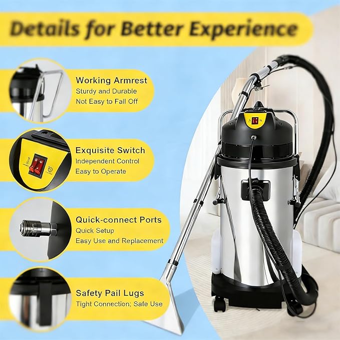 Heavy Duty Carpet Extractor &amp Upholstery Cleaner 3-in-1 Commercial Machine with 6 Nozzles Long Hose &amp Cord for Efficient Cleaning 80L