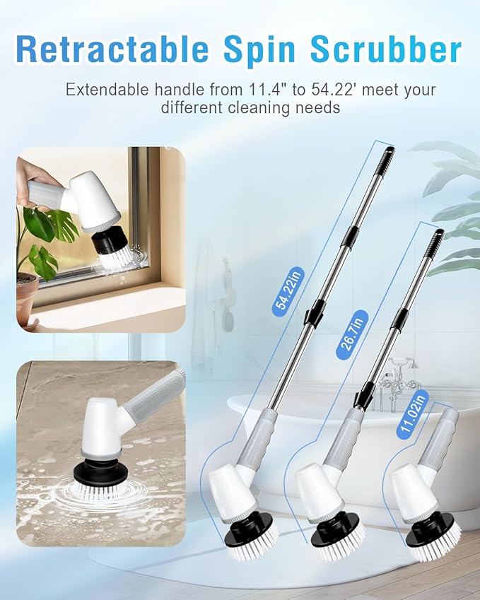 Electric Spin Scrubber Bathroom Scrubber - Cordless Shower Scrubber with Adjustable Handle 2 Speeds Bathroom Scrubber with 8 Replaceable Brush Heads Power Scrubber for Bathroom Bathtub Cleaning