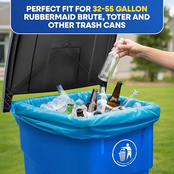 55-60 Gallon Trash Bags Heavy Duty 1.5 Mil Fits Rubbermaid Brute Rollout Round and Square 32-55 Gallon Trash Cans 43 x 47 Large Durable Garbage Trash Can Liners Blue Pack of 100