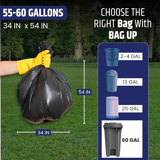 BAG UP Solutions Stronghold Trash Bags Garbage Bags Bin Liners Heavy Duty Contractor Bags Made From Recycled Plastic 55-60 Gallons 34 x 54 Inches 40 Bags Black