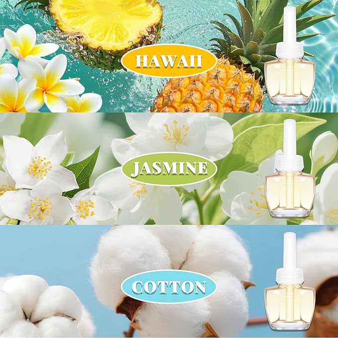 Plug In Air Freshener Refills for Home – Jasmine Hawaiian Cotton Scent 12 Count 7.92 Fl Oz Compatible with Air Wick &amp Glade Not for Glade Plus Scented Refill for Home Bathrooms Bathroom U