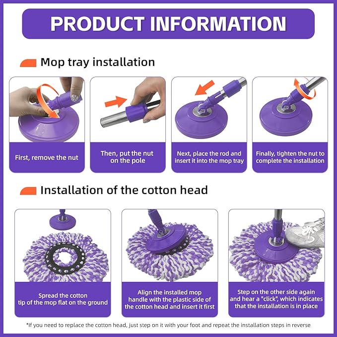 Spin Mop Replacement Handle 47.6-inch 360 Degrees Rotating Telescopic Replacement Mop Stick with Robust Reinforced Plastic Disc for Spin Mop Bucket Cleaning System (Plastic DiscPurple)