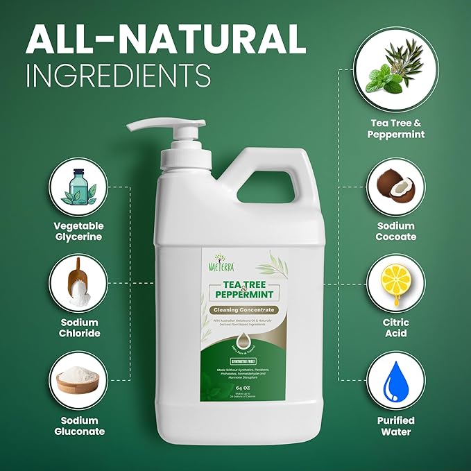 Naeterra- Refreshingly Clean | Tea Tree &amp Peppermint Cleaning Concentrate | Multi-Purpose Household Cleaner | Non-Toxic | Natural Ingredients | Versatile Use | Eliminates Odors | Eco-Friendly | 64
