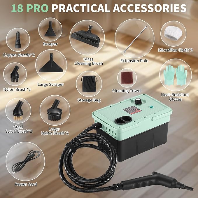 2500W Steam Cleaner - Adjustable 6-Level Steam Control 15s Fast Heat 1.6QT Water Tank Portable High-Pressure Steamer