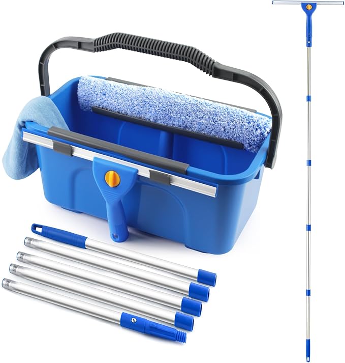 Professional Window Cleaning Kit with Bucket 3 Gallon 76 Long Handle Window Squeegee and Microfiber Scrubber High Windows Washing Equipment Window Cleaner Tool for Commercial Home Outdoor Car