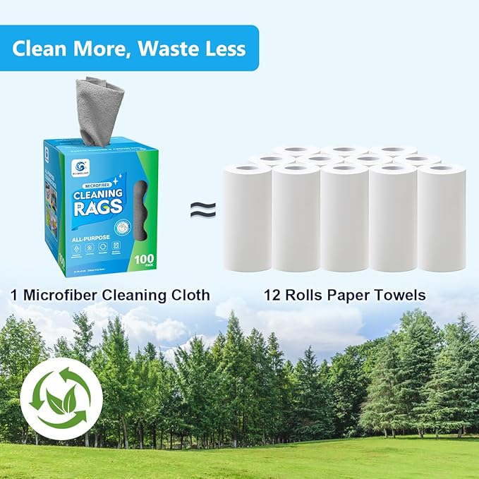 GLIMGLINT Cleaning Rags 100 Pack Microfiber Cleaning Cloth Lint-Free Ultra Absorbent Reusable Paper Towels for Home Kitchen Car Garage or Shop Dish Rags 11 x 9 Grey