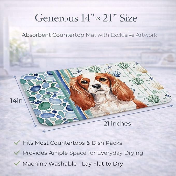 Caroline's Treasures Blenheim English Toy Spaniel Coastal Sea Glass Dish Drying Mat Absorbent Dish Drying Mat Pad for Kitchen Counter Dish Drainer Mat for Countertop 14 x 21 Multicolor