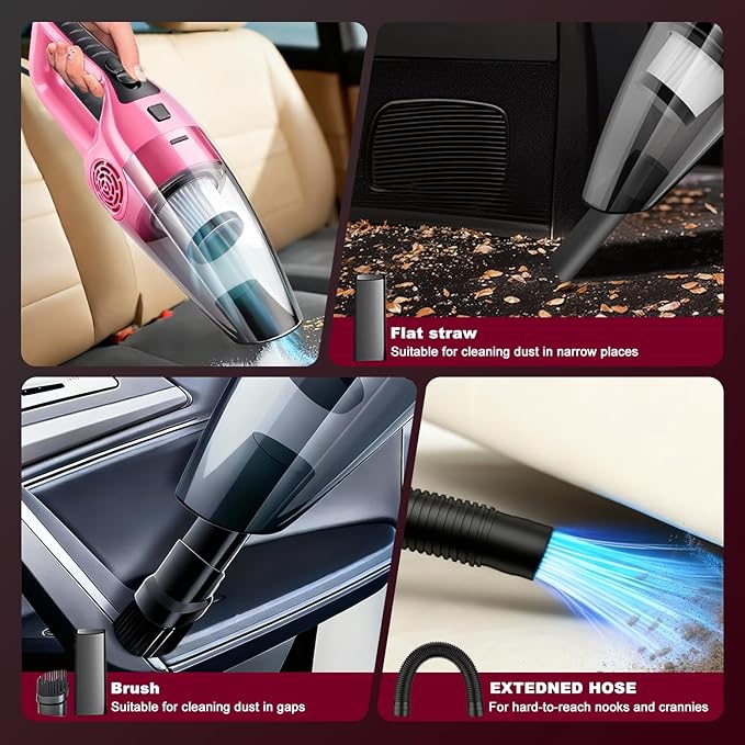 Car Vacuum Cleaner – 9000PA High Power Suction DC 12V Portable Handheld Auto Vacuum with Attachments Mini Car Interior Cleaner for Pet Hair Dust Crumbs and Debris (Blush Pink)