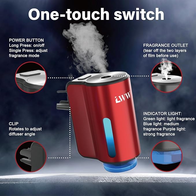 LWW Smart Car Air Freshener - 3 Levels Strength with Ventilation Clip Rechargeable Car Fragrance Atomizer - with 8 10ml Bottles of Fragrance Long Lasting Oil Diffuser (Red)