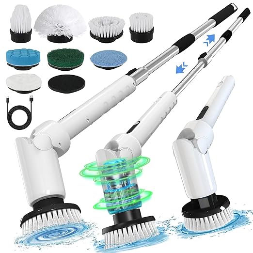 Electric Spin Scrubber - Cordless Cleaning Brush with Digital Display 2 Speeds 8 Brush Heads IPX7 Waterproof Adjustable Long Handle for Bathroom Tub Tile Shower and Car