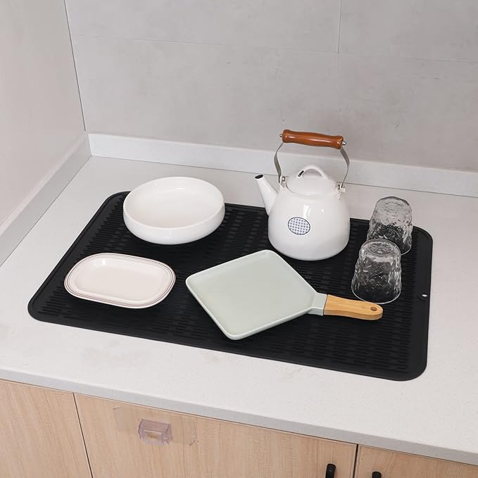 MicoYang Silicone Dish Drying Mat for Multiple UsageEasy cleanEco-friendlyHeat-resistant Silicone Mat for Kitchen Counter or SinkRefrigerator or Drawer Liner Black 3XL 28 inches x 18 inches