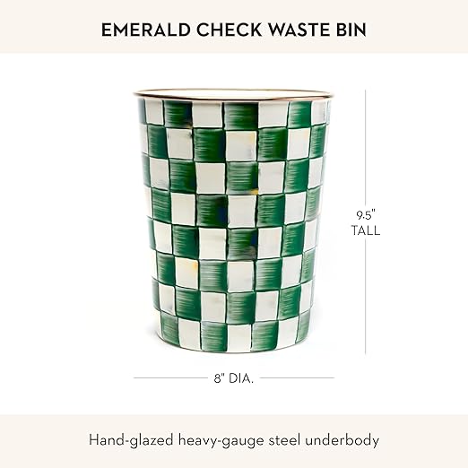 MACKENZIE-CHILDS Waste Bin Decorative Bedroom Trash Can or Bathroom Trash Can Green-and-White Emerald Check
