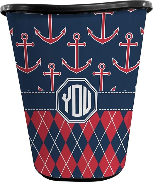 Personalized Anchors &amp Argyle Waste Basket - Double Sided (Black)