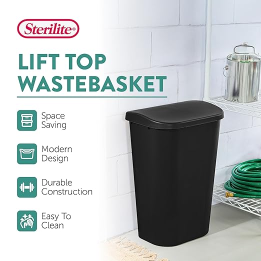 Sterilite 11.3 Gallon D Shape Flat Side Lift Top Lid Wastebasket Trash Can for Kitchen Home Office and Garage or Workspace Black (12 Pack)