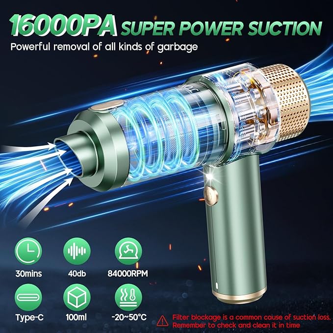 JONYJ Handheld Car Vacuum Cleaner 16000PA Hand Held Vacuum Portable Cordless 2 in 1 Air Duster and Vacuum Cleaner with LED Light Multi-Nozzles 120W High Power Mini Vacuum for Home Pet Office