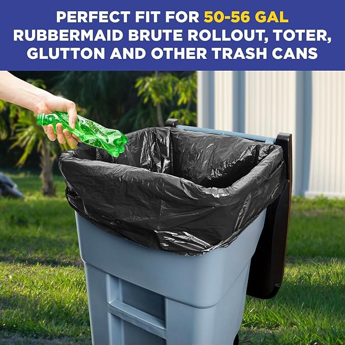 (100 Pack) Plexon 55-60 Gallon Trash Bags 1.5 Mil Heavy Duty Fits Rubbermaid Brute Rollout Round and Square 32-55 gal Trash Cans 43 x 47 Large Durable Garbage Trash Can Liners Bulk (Black)