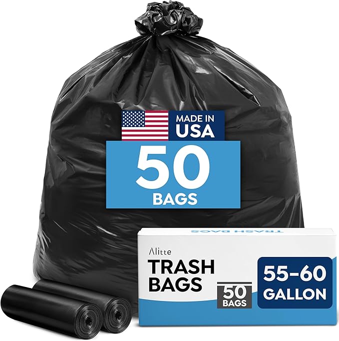 Large Trash Bags 55-60 Gallon | 50 Count Heavy Duty Black Garbage Bags | Unscented Leak Proof Bulk Pack for Office Industrial &amp Commercial Use - Made in USA
