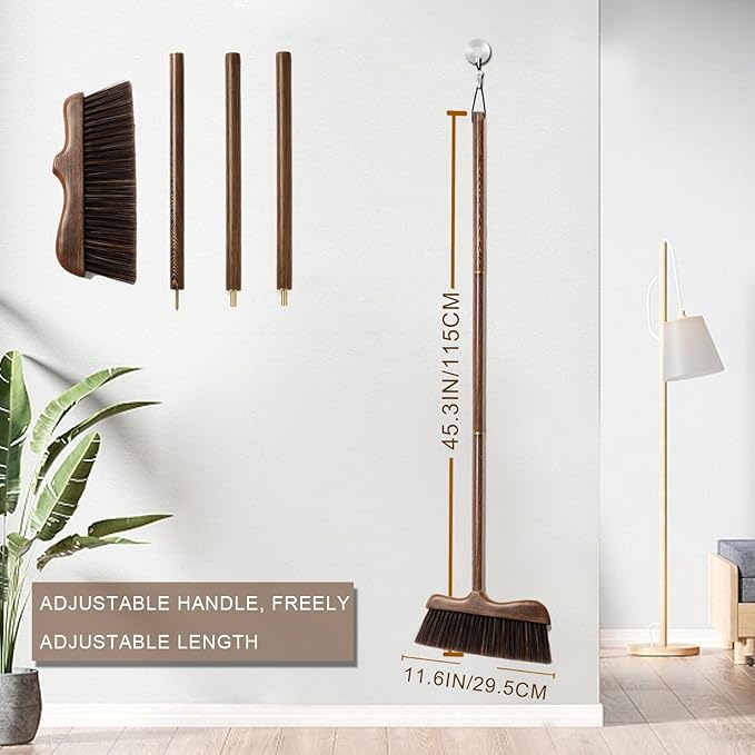 Wood Angle Broom – 44.8” Wooden Handle Compact Brooms for Indoor Kitchen – Soft PP Bristles Durable Sweeping Broom