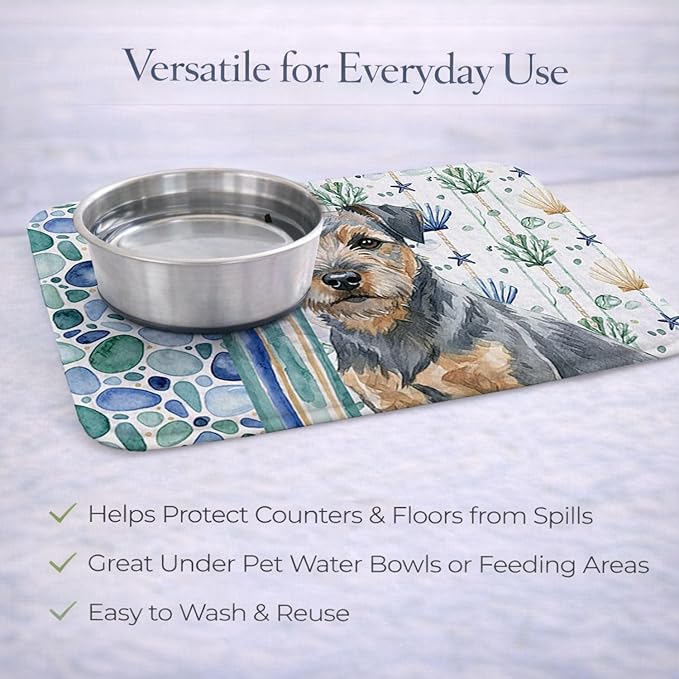 Caroline's Treasures Blue and Tan Border Terrier Coastal Sea Glass Dish Drying Mat Absorbent Dish Drying Mat Pad for Kitchen Counter Dish Drainer Mat for Countertop 14 x 21 Multicolor