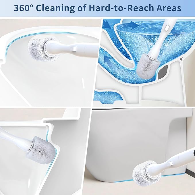 Electric Toilet Brush HKFIF Toilet Brush and Holder Set 360 Degree Powerful Cleaning Easily Eliminate Stains and Residue 2 Speeds Rechargeable Motorized Toilet Scrubber (White)