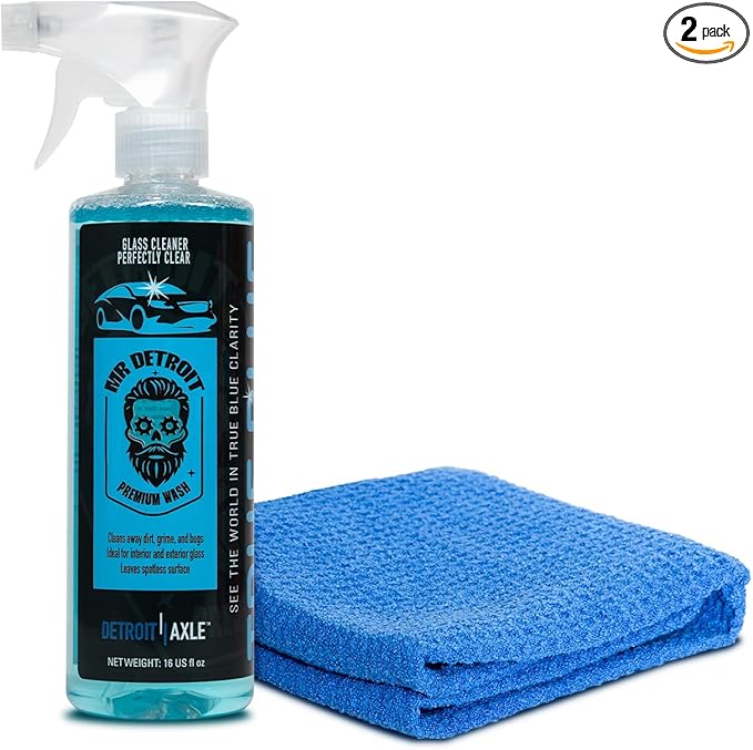 Mr. Detroit - 2pc Glass Cleaner 16oz Bottle w/Sprayer and Microfiber Towel Streak-Free Car Window Cleaning for Auto Glass &amp Household Use Remove Bugs Grime &amp Fingerprints