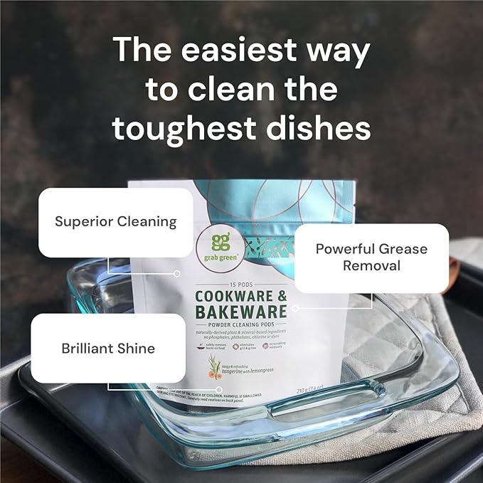 Grab Green Cookware and Bakeware Cleaner Pods 4 Bags of 15 Pods Tangerine Lemongrass Scent Plant and Mineral Based Removes Burnt-On Food Eliminates Grit and Grime No Scrubbing Necessary