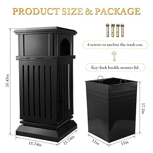 Black Stainless Steel Commercial Trash Can with Locking Lid Heavy Duty Outdoor/Indoor Waste Container Perforated Steel Panels Removable Inner Bucket for Patio Park Garden-35.5x15.8x15.8in