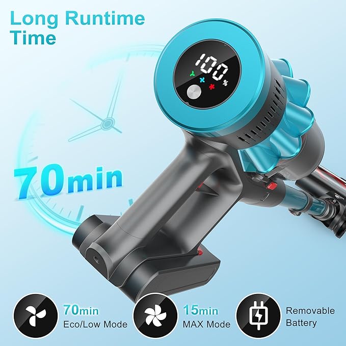 Cordless Vacuum Cleaner 55Kpa 70Mins Stick Vacuum for Home with LED Display and Self-Standing Vacuum with Anti-Tangle Brush&ampWall Mount Charging Vacuum Cleaners for Pet Hair/Carpets/Floors