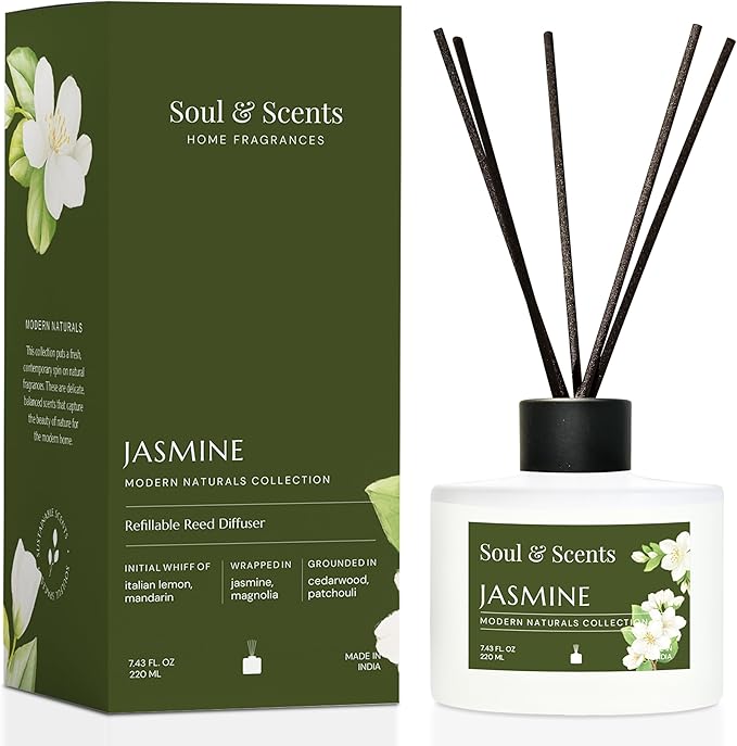 Soul &amp Scents Reed Diffuser Set – Jasmine | 7.43 oz Refillable Scented Oil with 6 Fiber Sticks | Long-Lasting Home Fragrance &amp Air Freshener for Bedroom Bathroom Office | Gift &amp Décor Pi