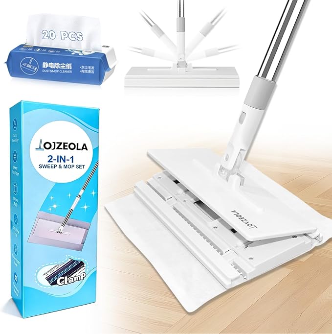 Snap Grip Mop Cloth Changing Mop Zero Touch Lazy Mopa with Automatic Cloth Changing Wet &amp Dry Dust Mopping for Hardwood Vinyl Laminate Tile Includes 20 Dry Pads Home Cleaning Essential (Wh