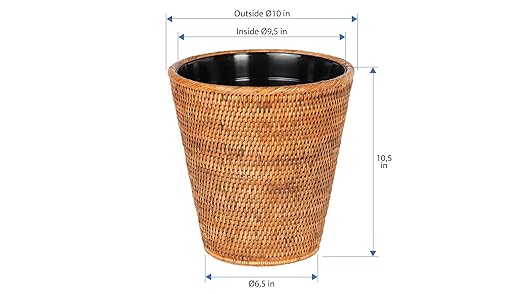 Mekomy KOUBOO La Jolla Rattan Wastebasket with Plastic Insert Handmade Trash Can Small Wastebasket Bedroom Bathroom Vanity RV Dorm Honey Brown