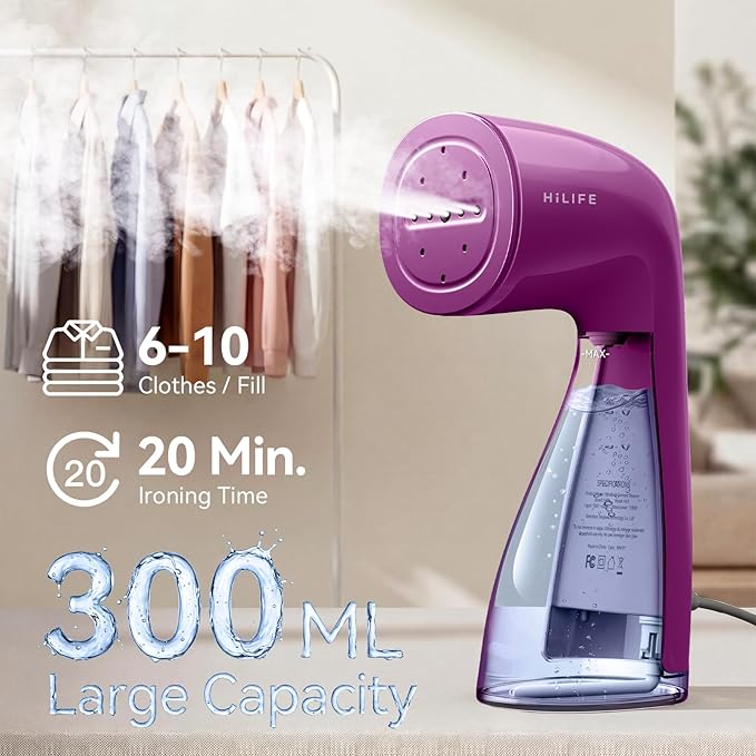 HiLIFE Steamer for Clothes Portable Handheld Design 240ml Big Capacity 700W Strong Penetrating Steam Removes Wrinkle for Home Office and Travel(ONLY FOR 120V) (Orchid Purple)