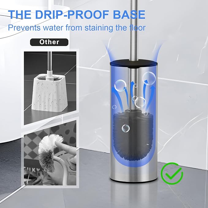 304 Stainless Steel Toilet Brush and Brush Holder Set Circular Floor Toilet Brush Holder Long Handle Bathroom Heavy-Duty Cleaner High-End Cylinder Wall2 Brush Head (Brushed) YIGUANXIN