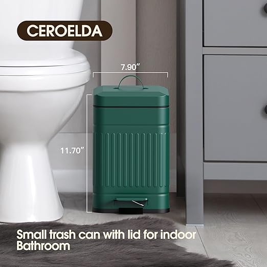 CEROELDA Small Trash Can with Lid-5L/1.3 GalStainless Steel Outdoor Dog Poop Garbage Can-Farmhouse Retro Metal Waste Bin w/Step Pedal for Bathroom Bedroom Office-Soft Close-Green