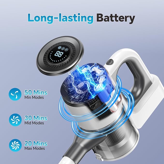 Cordless Vacuum Cleaner for Home Powerful Stick Vacuum Cleaner with LED Screen and 3-Speed Suction Rechargeable Vacuum Cordless Lightweight Handheld Vacuum for Hard Floors Carpets Pet Hair White