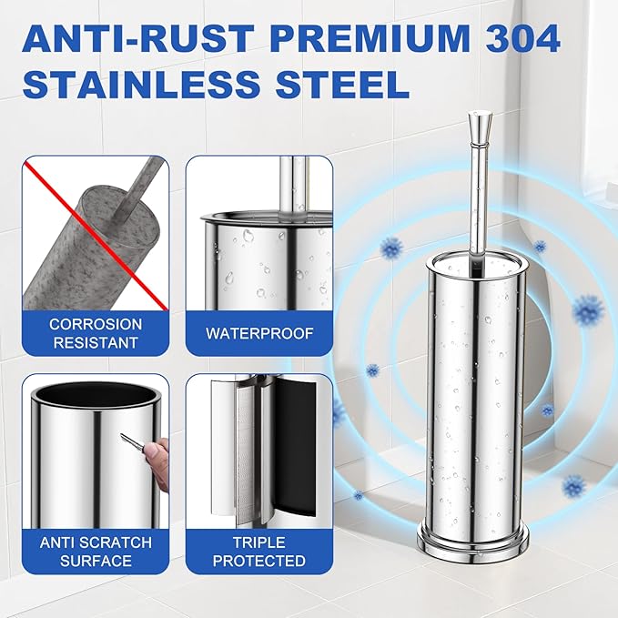 Toilet Brush and Holder Set：304 Stainless Steel Heavy Duty Toilet Bowl BrushRemovable Inner Bowl and Splash ProtectionBathroom Toilet Brush-Dense Bristles for Through Cleaning
