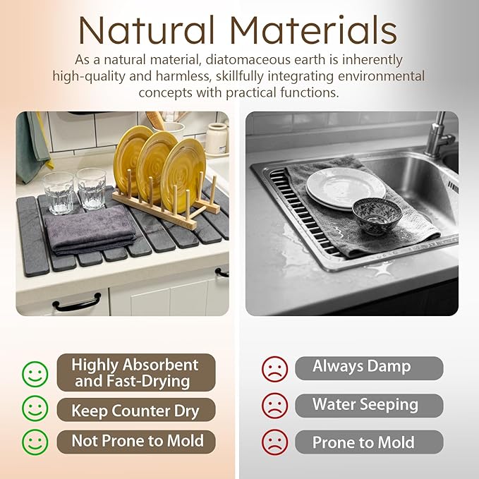 Large Stone Dish Drying Mat for Kitchen Counter Collapsible Marbled Quick-Dry Diatomaceous Earth Mat with Dish Rack and Towel Versatile Drying Mats for Kitchen Utensils (Dark Gray 23.6×15.4)