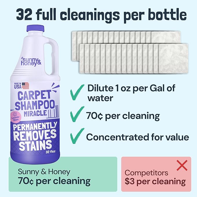 Sunny &amp Honey Carpet Cleaner Solution - Deep Stain Remover &amp Odor Deodorizer - Pet Carpet Cleaner &amp Rug Shampoo (32 Fl Oz Light Lavender)