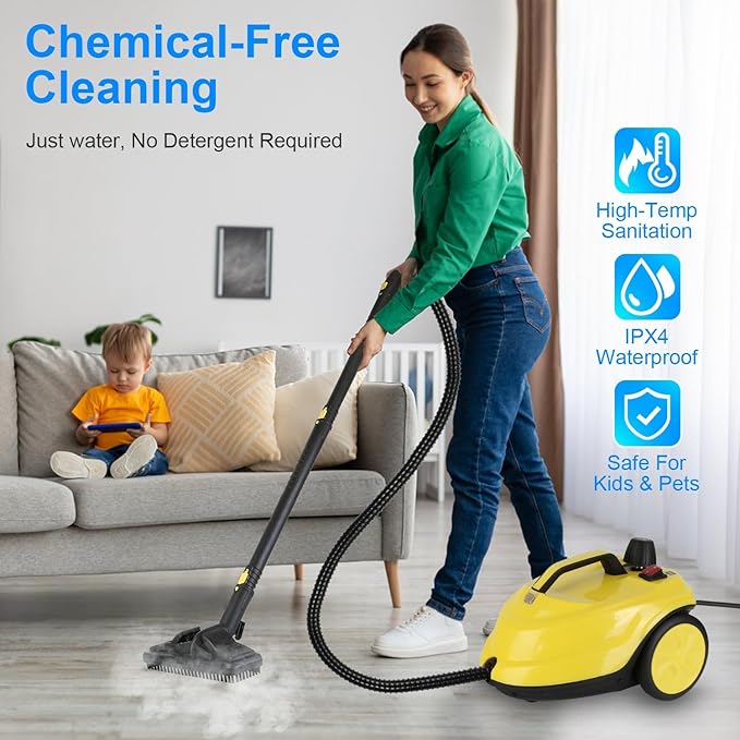 Handheld Steam Cleaner Portable Steamer with 15pcs Accessories Steam Lock 16.8ft Long Power Cord 2L Large Tank Overheat Protection Multi-Purpose Steamer for Home Car Bathroom Grease (Yellow)