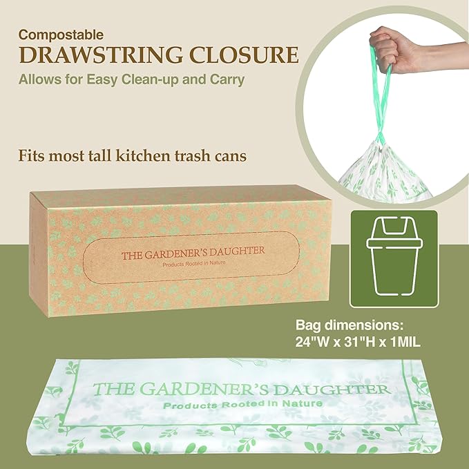 13 Gallon Compostable Trash Bags – Extra Strong Drawstring Kitchen Bags (30 Count White) | Leak-Proof BPI &amp TUV Certified Home Compostable – Evergreen by The Gardener's Daughter