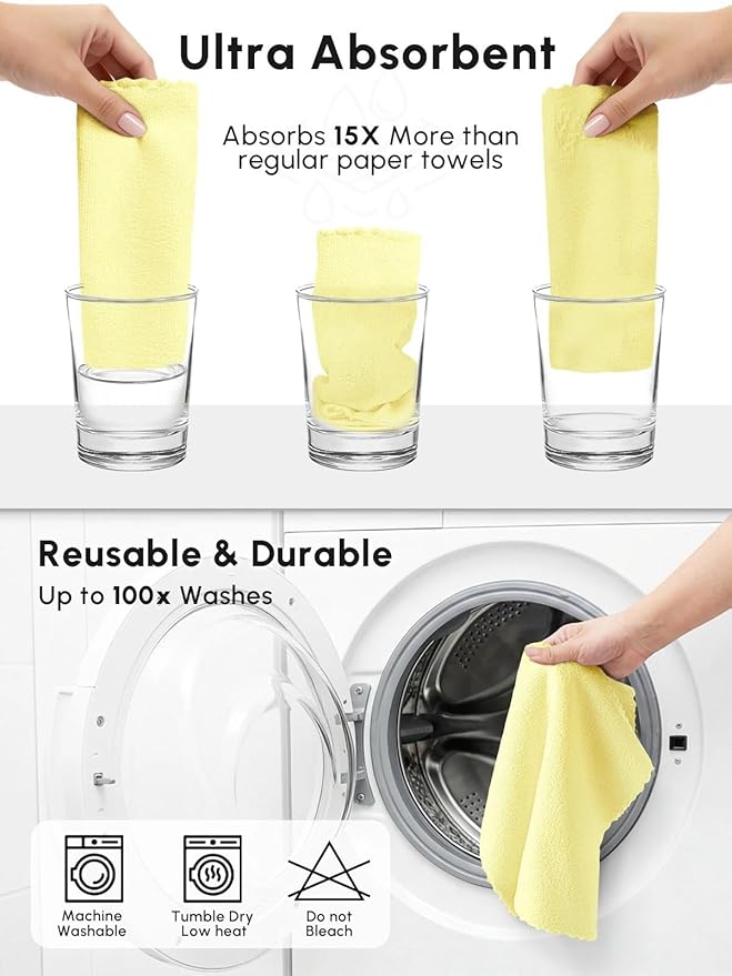 Microfiber Cleaning Cloths Roll 75 Pack Tear Away Microfiber Towels Roll 12 x 12 Lint Free Rags Reusable Cleaning Cloths Washable Scratch FreeUltra Absorbent Dish Rags(Yellow)