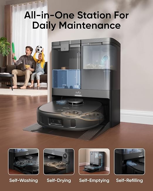 eufy X10 Pro Omni Robot Vacuum and Mop Combo Incredible Suction Dual Mops with 12 mm Auto-Lift and Carpet Detection AI Obstacle Avoidance Auto Mop Washing&ampDrying Self-Emptying Self-Refilling