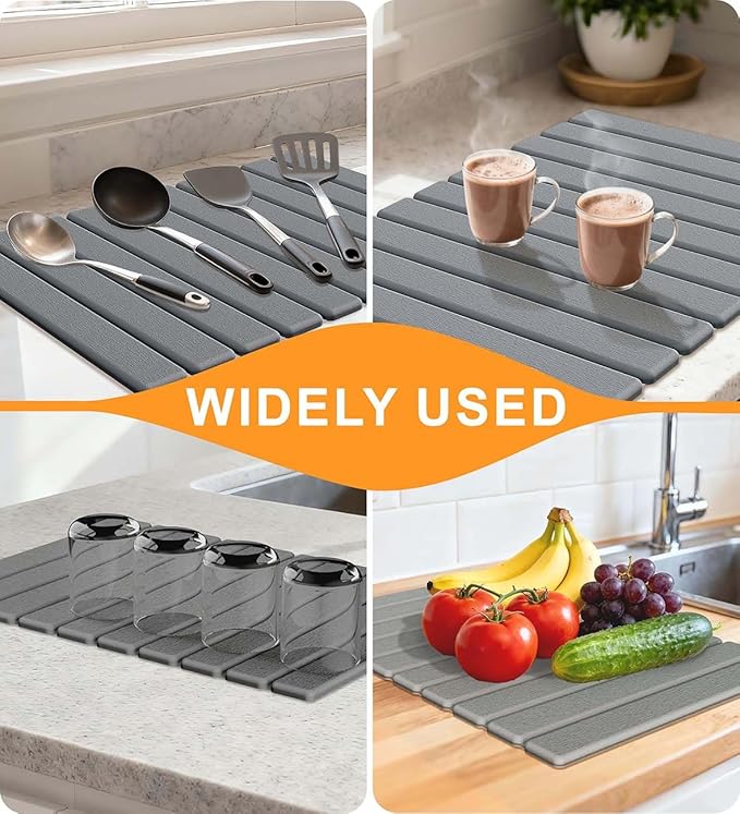 Stone Dish Drying Mat for Kitchen Counter 24(L)×16(W) Collapsible Fast Drying Diatomaceous Earth Mats with Towel Sanding ToolVersatile Stone Drying Mats for Cups Dishes Bottles Bathroom -Gray