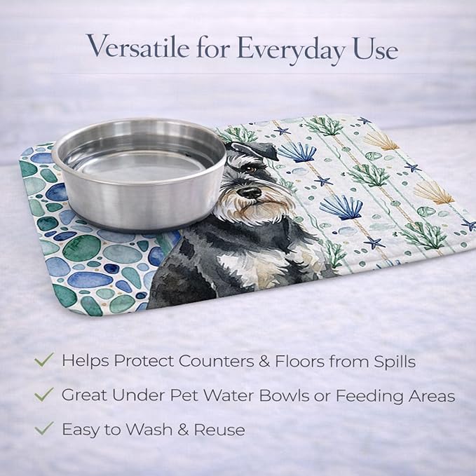 Caroline's Treasures Black &amp Silver Miniature Schnauzer Coastal Sea Glass Dish Drying Mat Absorbent Dish Drying Mat Pad for Kitchen Counter Dish Drainer Mat for Countertop 14 x 21 Multicolor