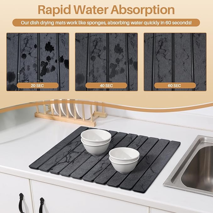 2 PCS Quick Dry Stone Dishes Mats for Kitchen CounterCollapsible Quick Drying Dish MatsUltra Absorbent Diatomaceous Earth Mats for Dishes Bottles Cups Match Any Countertop（Gray 24×16&amp 8x4）