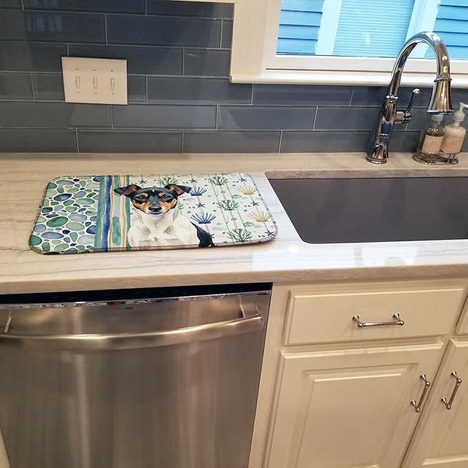 Caroline's Treasures Tricolor Rat Terrier Coastal Sea Glass Dish Drying Mat Absorbent Dish Drying Mat Pad for Kitchen Counter Dish Drainer Mat for Countertop 14 x 21 Multicolor