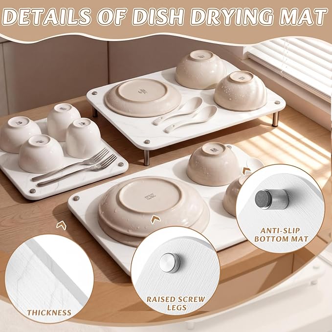 3 Pcs Nesting Stone Drying Mat for Kitchen Counter Diatomaceous Dish Stone Drying Mats Quick for Kitchen Counter Non Slip Feet Heat Resistant Nesting Stackable Design(MarbleWhite)