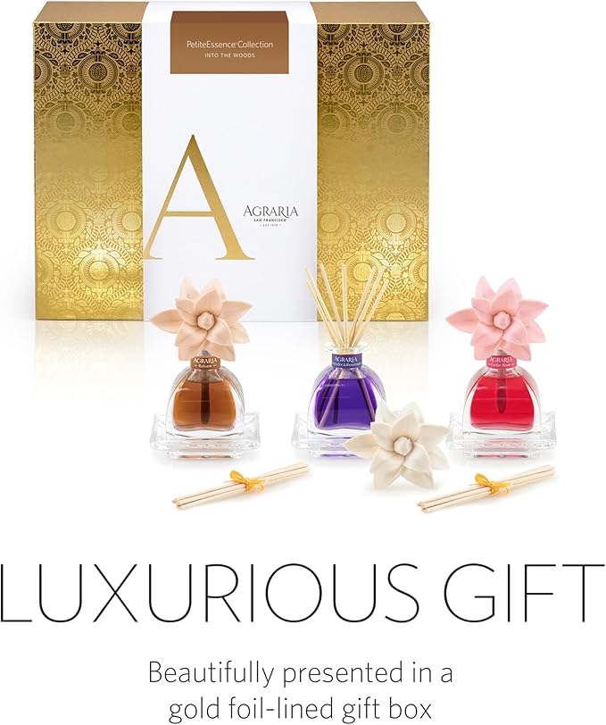 AGRARIA Into The Woods PetiteEssence Collection Handmade Sola Flower Reed Diffuser Set of 3 Luxury Home Fragrance Scented Oil Diffuser Gift Set
